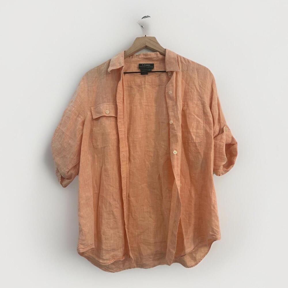 Ralph Lauren 100% Linen Women’s Button Up Size Large Pink Roll Up Sleeve